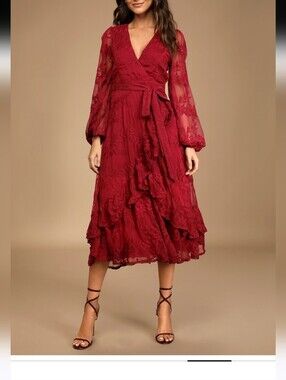 Lulus Spectacular  Burgundy Embroidered Faux Wrap Midi Dress Wedding Guess